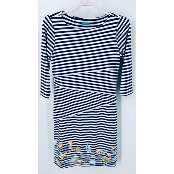 J McLaughlin Nautical Seashells Nicola Tiered Dress Size S Navy White Stripe - Picture 4 of 9